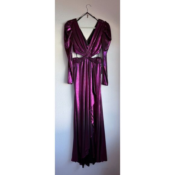 NWT Ieena for Mac Duggal Princess Sleeve Cut Out Metallic Gown in Fuchsia 27060 - Picture 8 of 16